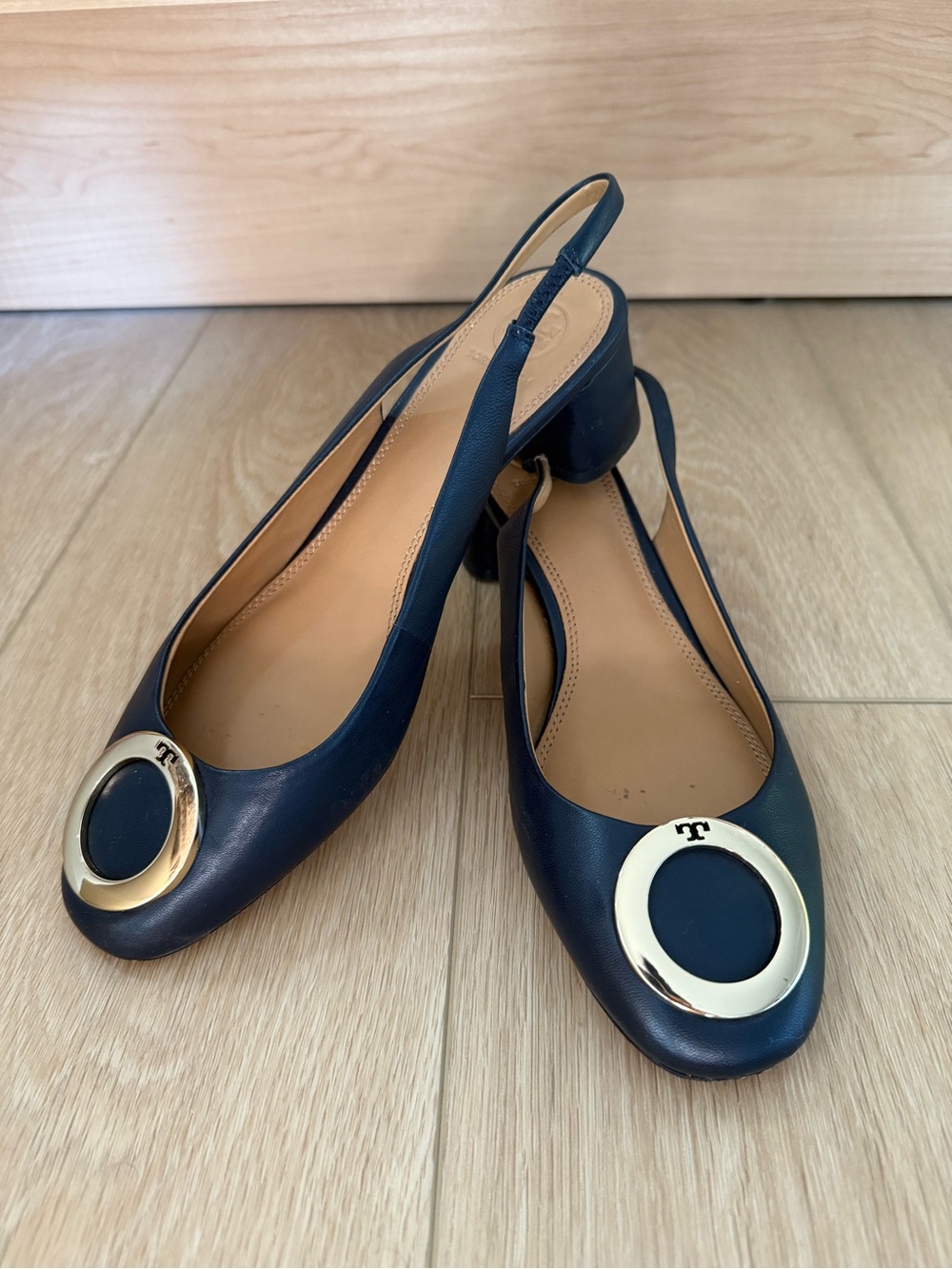 Tory Burch Navy Leather Slingback Block Heel with Gold Emblem